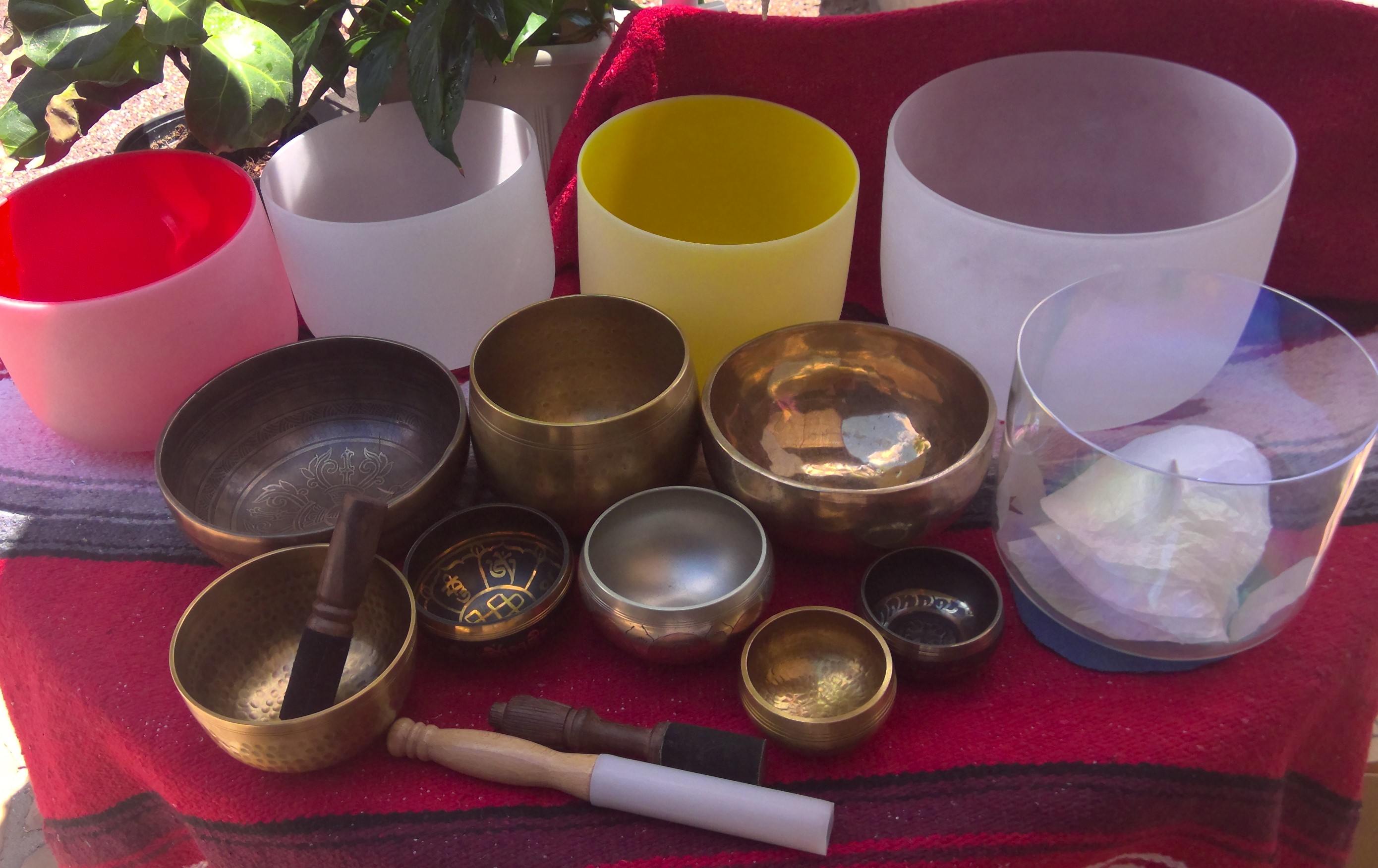 Crystal and Tibetan singing bowls as well as other percussion instruments.